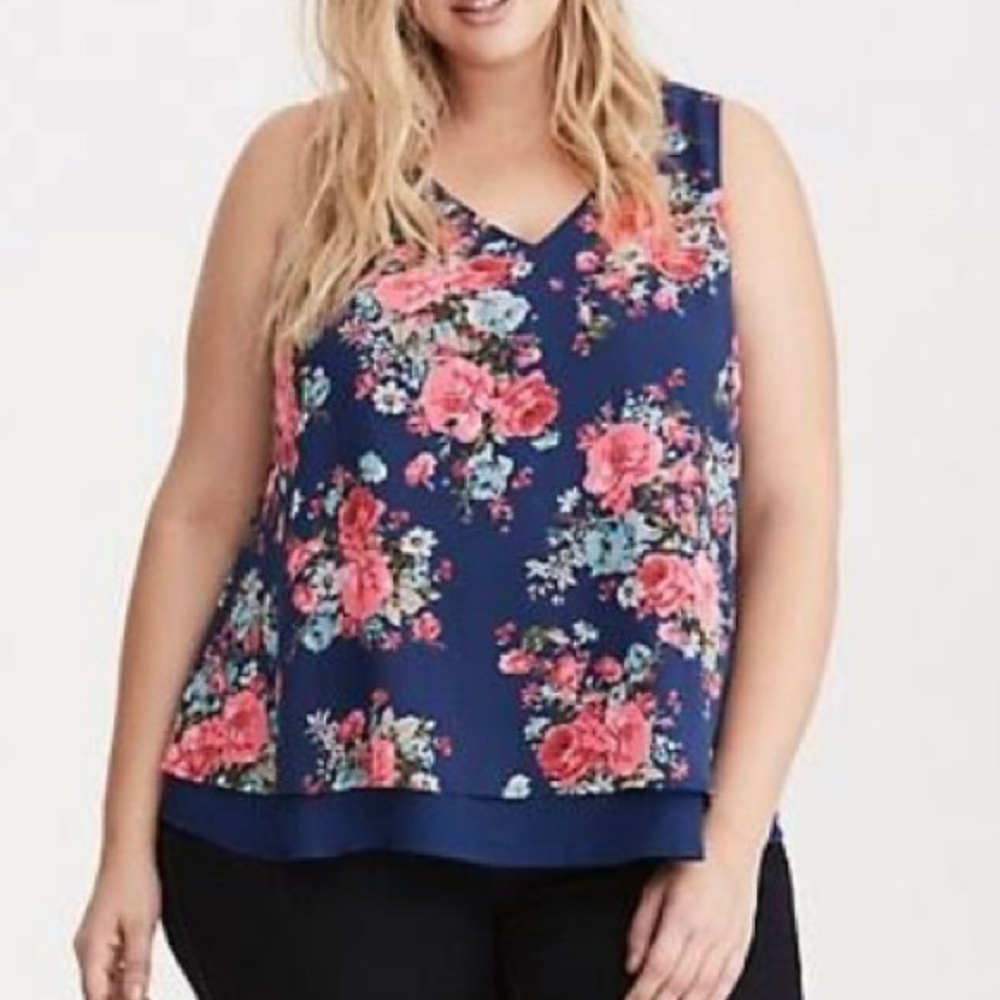 Torrid Floral Print Blue & Pink Chiffon Layered Tank Blouse Top Size 2X